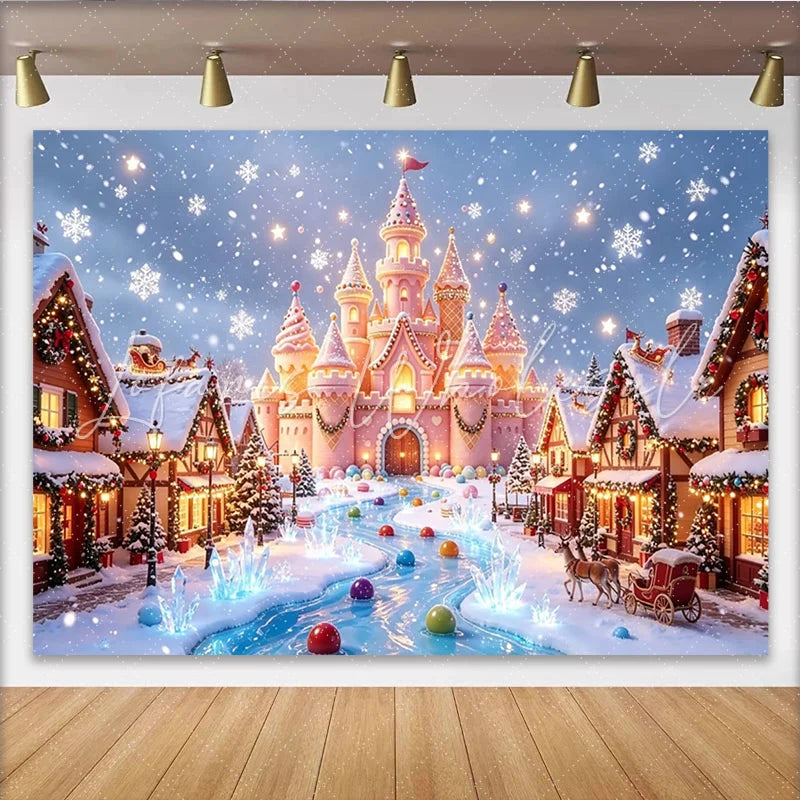 Lofaris Snowy Christmas Village Backdrop with Pink Castle and Reindeer Enchanting Holiday Background for Festive Winter Event Photography