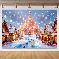Lofaris Snowy Christmas Village Backdrop with Pink Castle and Reindeer Enchanting Holiday Background for Festive Winter Event Photography