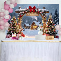 Lofaris Snowy Christmas Village Photography Backdrop with Decorated Trees and Presents Festive Holiday Background for Winter Party Decor