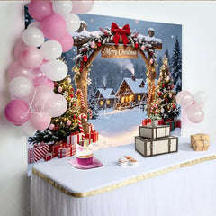 Lofaris Snowy Christmas Village Photography Backdrop with Decorated Trees and Presents Festive Holiday Background for Winter Party Decor