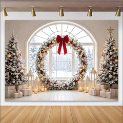 Lofaris Snowy Christmas Window Backdrop with Decorated Trees and Red Bow Wreath Elegant Winter Holiday Scene for Festive Decor