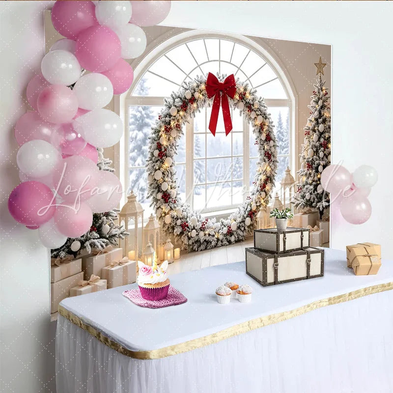 Lofaris Snowy Christmas Window Backdrop with Decorated Trees and Red Bow Wreath Elegant Winter Holiday Scene for Festive Decor