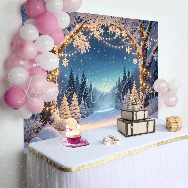 Lofaris Snowy Christmas Winter Wonderland Backdrop with Twinkling Lights and Snowflakes Festive Forest Background for Holiday Party Decor