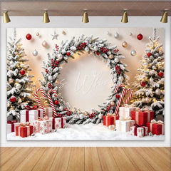 Lofaris Snowy Christmas Wreath Backdrop with Gifts and Candy Canes Festive Winter Holiday Photography Background for Party Decor