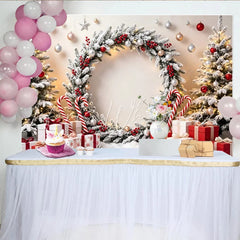 Lofaris Snowy Christmas Wreath Backdrop with Gifts and Candy Canes Festive Winter Holiday Photography Background for Party Decor