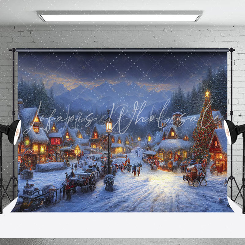 Lofaris Snowy Forest Mountain Town Night Christmas Backdrop