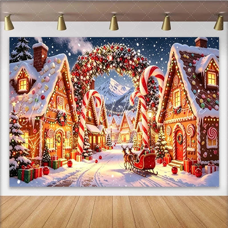 Lofaris Snowy Gingerbread Christmas Holiday Backdrop with Candy Canes Festive Village Background for Winter Wonderland Party Decor.
