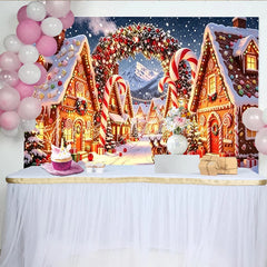 Lofaris Snowy Gingerbread Christmas Holiday Backdrop with Candy Canes Festive Village Background for Winter Wonderland Party Decor.