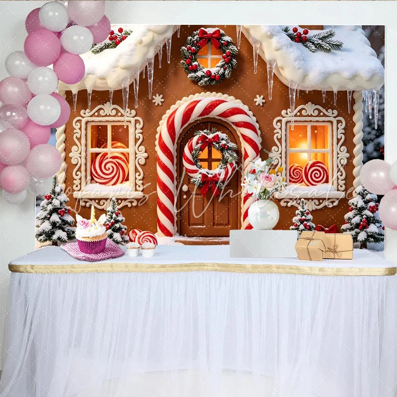 Lofaris Snowy Gingerbread House Christmas Backdrop with Candy Canes and Wreaths Festive Winter Holiday Background for Family Photos