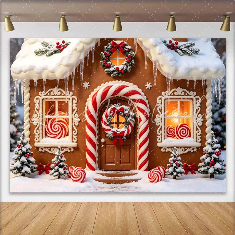 Lofaris Snowy Gingerbread House Christmas Backdrop with Candy Canes and Wreaths Festive Winter Holiday Background for Family Photos
