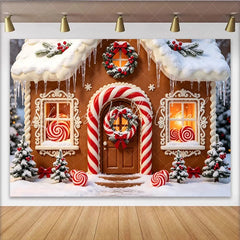 Lofaris Snowy Gingerbread House Christmas Backdrop with Candy Canes and Wreaths Festive Winter Holiday Background for Family Photos