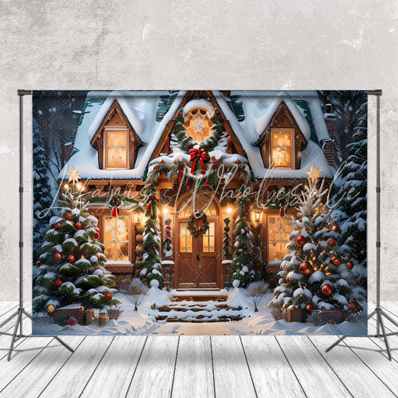 Lofaris Snowy House Pine Leaves Trees Christmas Backdrop