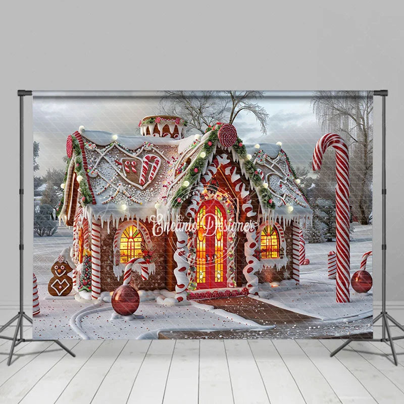 Lofaris Snowy Lighted Gingerbread House Christmas Backdrop