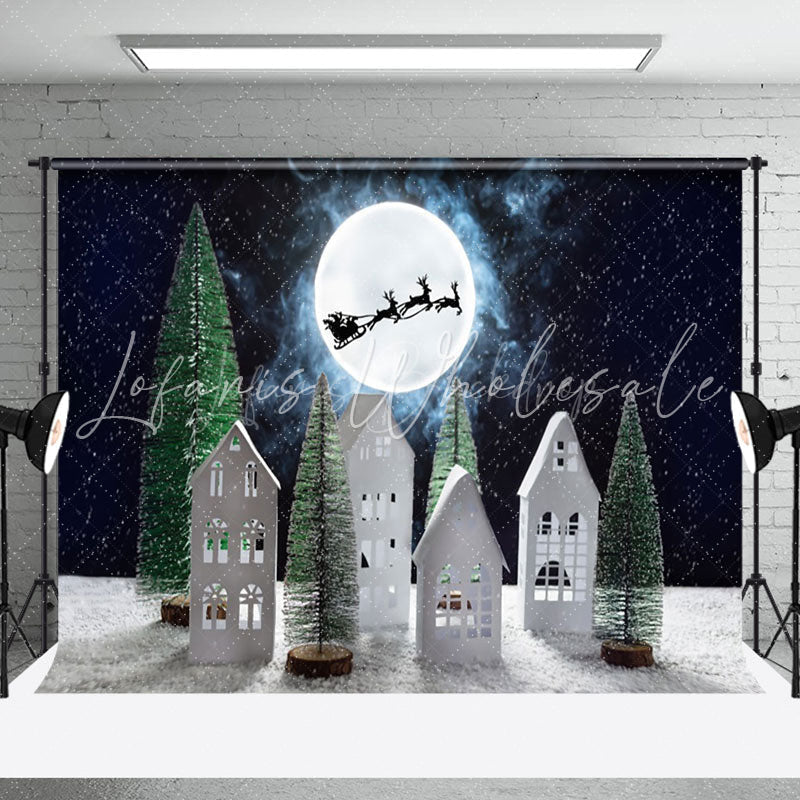 Lofaris Snowy Moon Night Santa Elk Christmas Vibe Backdrop