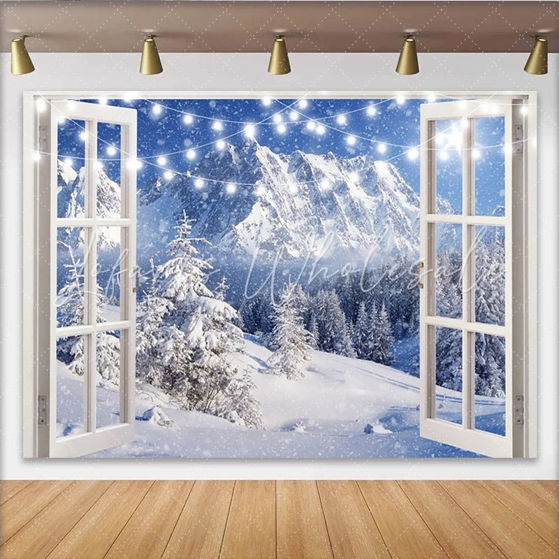 Lofaris Snowy Mountain Christmas Window Backdrop with String Lights Beautiful Winter Photography Background for Holiday Decor
