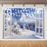 Lofaris Snowy Mountain Christmas Window Backdrop with String Lights Beautiful Winter Photography Background for Holiday Decor