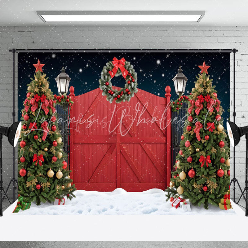Lofaris Snowy Night Red Door Wreath Tree Christmas Backdrop