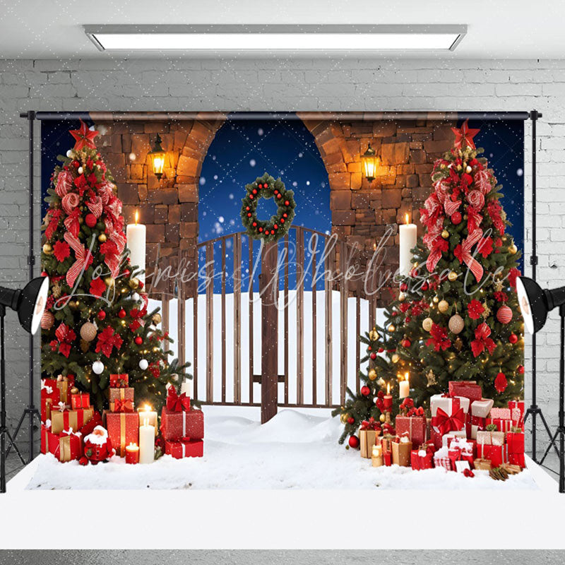 Lofaris Snowy Night Wooden Gate Tree Christmas Vibe Backdrop