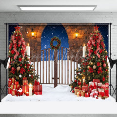 Lofaris Snowy Night Wooden Gate Tree Christmas Vibe Backdrop