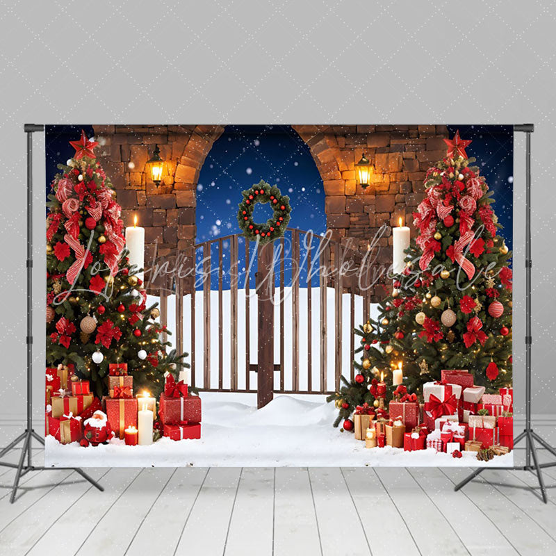 Lofaris Snowy Night Wooden Gate Tree Christmas Vibe Backdrop