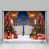 Lofaris Snowy Night Wooden Gate Tree Christmas Vibe Backdrop