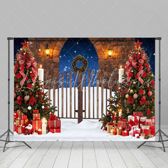 Lofaris Snowy Night Wooden Gate Tree Christmas Vibe Backdrop