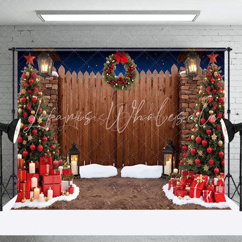 Lofaris Snowy Night Wooden Gate Tree Gift Christmas Backdrop