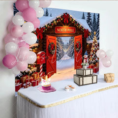 Lofaris Snowy North Pole Christmas Backdrop with Log Cabin Entrance Decorated Trees and Gifts Winter Wonderland Background for Holiday Party
