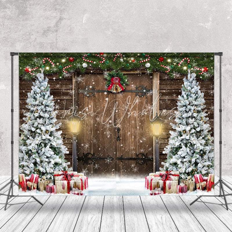 Lofaris Snowy Pine Tree Leaves Bell Wood Door Xmas Backdrop