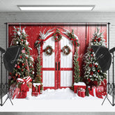Lofaris Snowy Red Wood Barn Festive Door Christmas Backdrop
