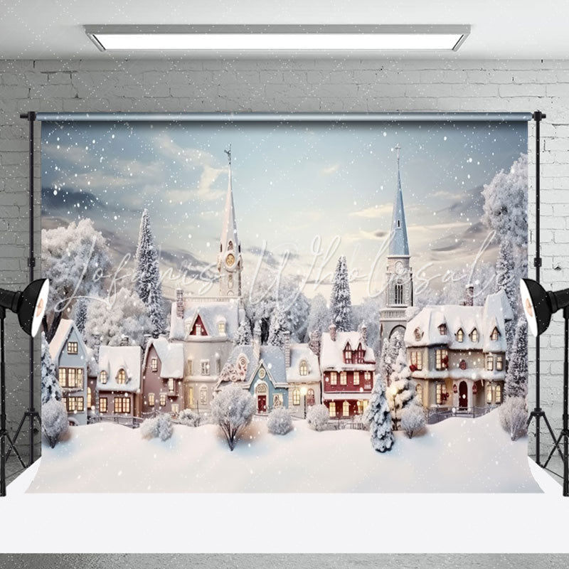 Lofaris Snowy Town Trees Field Winter Christmas Backdrop