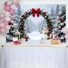 Lofaris Snowy Winter Christmas Arch Backdrop with Red Bow and Gifts Festive Holiday Background for Family Photoshoot and Party Decor