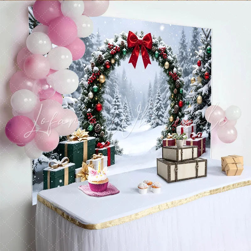 Lofaris Snowy Winter Christmas Arch Backdrop with Red Bow and Gifts Festive Holiday Background for Family Photoshoot and Party Decor