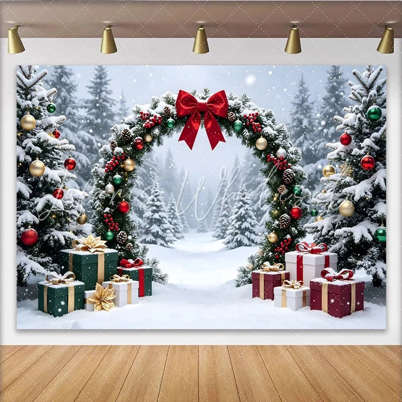 Lofaris Snowy Winter Christmas Arch Backdrop with Red Bow and Gifts Festive Holiday Background for Family Photoshoot and Party Decor