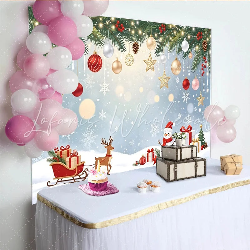Lofaris Snowy Winter Christmas Backdrop with Reindeer Sleigh and Snowman Festive Holiday Background for Party Photography Decor