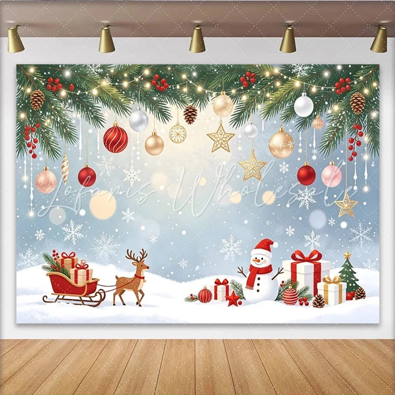Lofaris Snowy Winter Christmas Backdrop with Reindeer Sleigh and Snowman Festive Holiday Background for Party Photography Decor