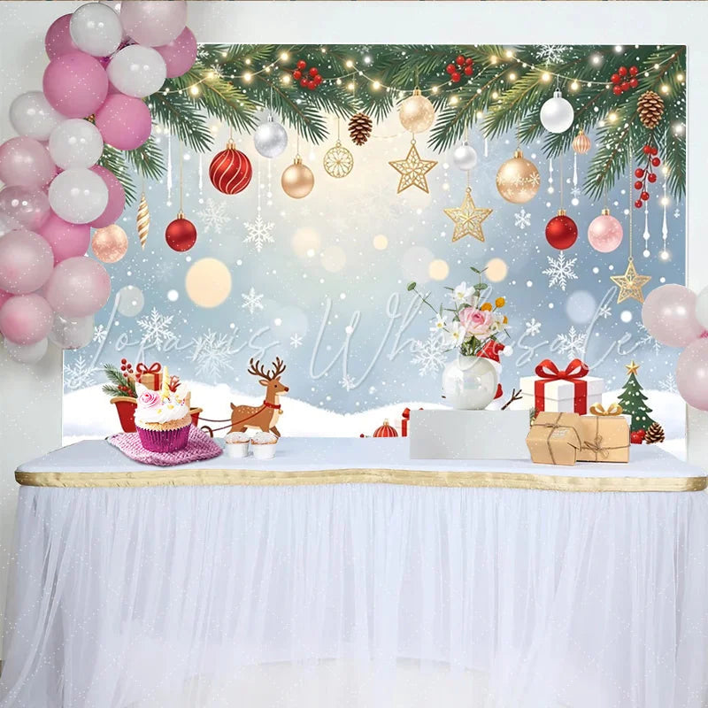 Lofaris Snowy Winter Christmas Backdrop with Reindeer Sleigh and Snowman Festive Holiday Background for Party Photography Decor