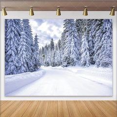 Lofaris Snowy Winter Forest Photography Backdrop with Pine Trees and Winding Road Natural Landscape Background for Holiday Photoshoot