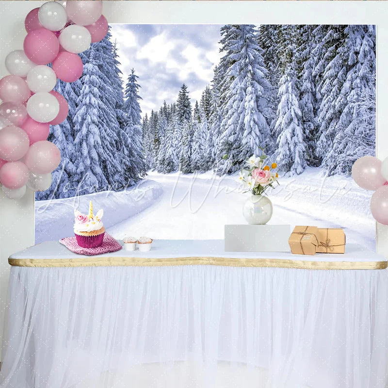 Lofaris Snowy Winter Forest Photography Backdrop with Pine Trees and Winding Road Natural Landscape Background for Holiday Photoshoot