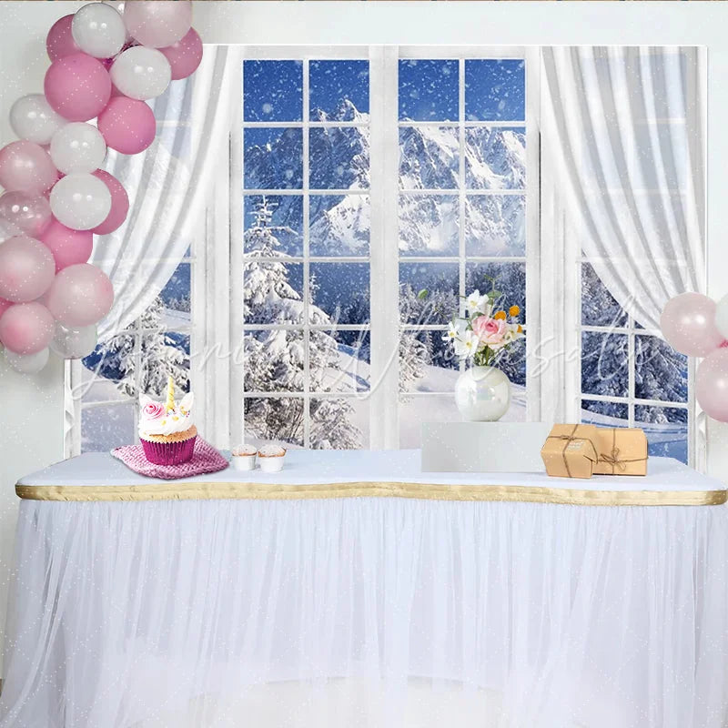 Lofaris Snowy Winter Window View Photography Backdrop with Pine Trees Natural Mountain Landscape Background for Studio Photoshoot