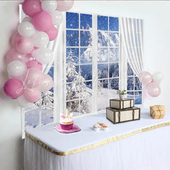 Lofaris Snowy Winter Window View Photography Backdrop with Pine Trees Natural Mountain Landscape Background for Studio Photoshoot