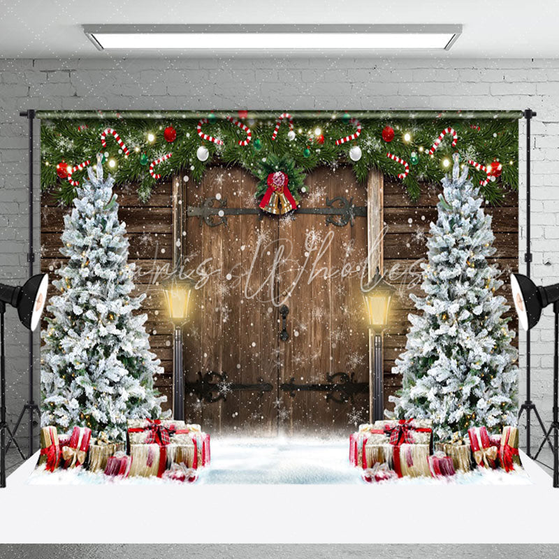 Lofaris Snowy Wood Door Scene Xmas Trees Christmas Backdrop