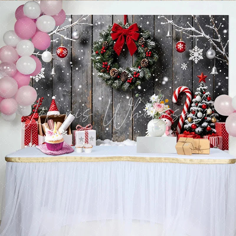 Lofaris Snowy Wooden Christmas Backdrop with Festive Wreath and Snowman Winter Wonderland Background for Holiday Photoshoot and Party Decor