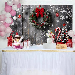 Lofaris Snowy Wooden Christmas Backdrop with Festive Wreath and Snowman Winter Wonderland Background for Holiday Photoshoot and Party Decor