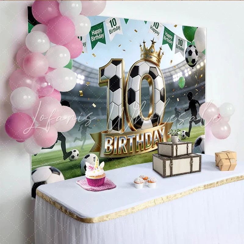 Lofaris Soccer 10th Birthday Backdrop with Golden Crown and Balloons Green Stadium Field Background for Kids Party Photoshoot