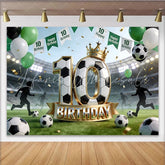Lofaris Soccer 10th Birthday Backdrop with Golden Crown and Balloons Green Stadium Field Background for Kids Party Photoshoot