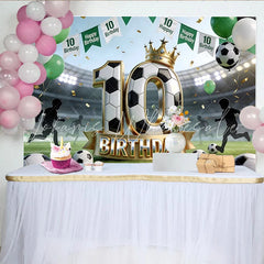 Lofaris Soccer 10th Birthday Backdrop with Golden Crown and Balloons Green Stadium Field Background for Kids Party Photoshoot