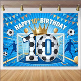 Lofaris Soccer Champion 10th Birthday Backdrop Blue Goal and Gold Crown Sport Party Banner