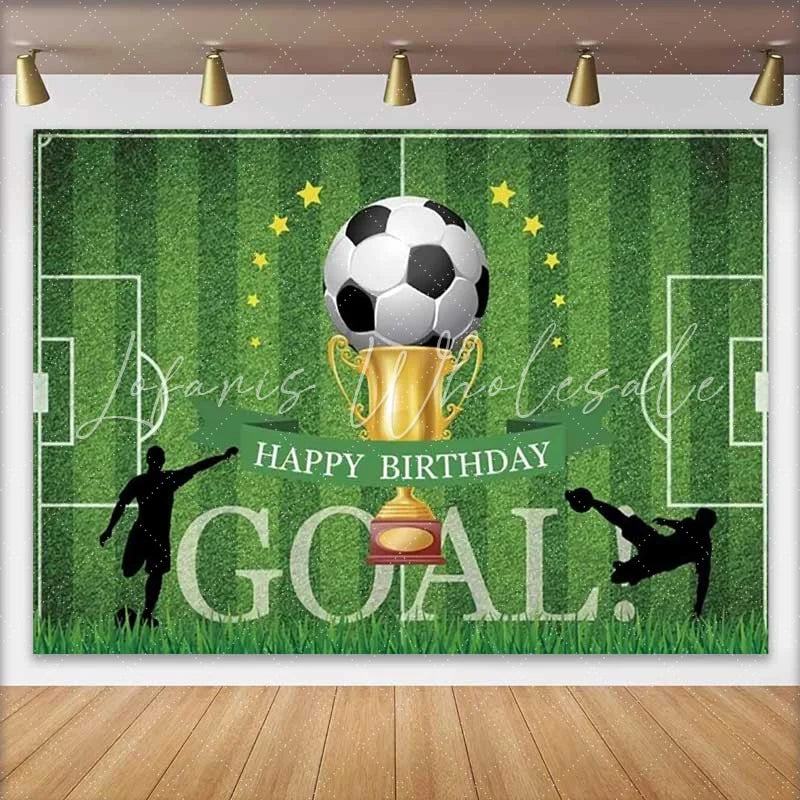 Lofaris Soccer Goal Happy Birthday Backdrop Gold Trophy Football Field Boys Party Photography Background