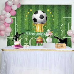 Lofaris Soccer Goal Happy Birthday Backdrop Gold Trophy Football Field Boys Party Photography Background